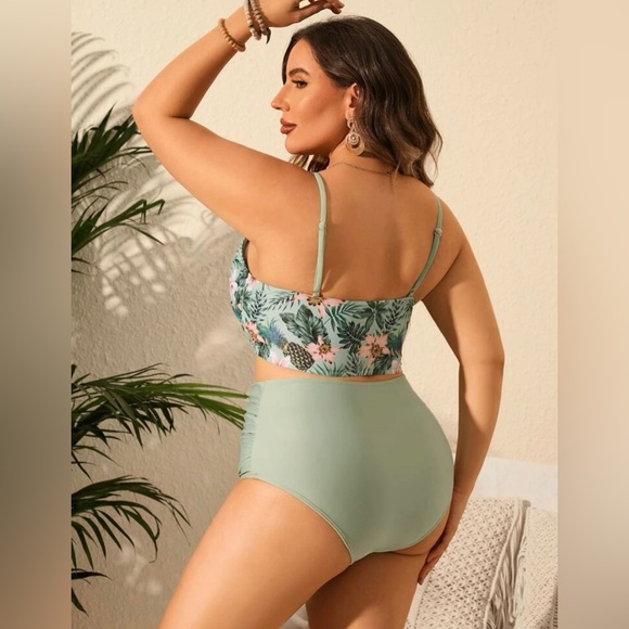 2 Plus 4XL Tropical Summer Swimsuit Bikini Pineapple Green Ribbed HighWaist NWT - Picture 3 of 8